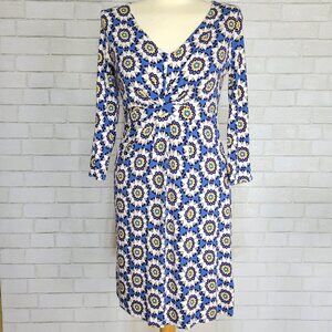 Boden Knit 3/4 Sleeve V Neck Quilt Pattern Dress LONG length